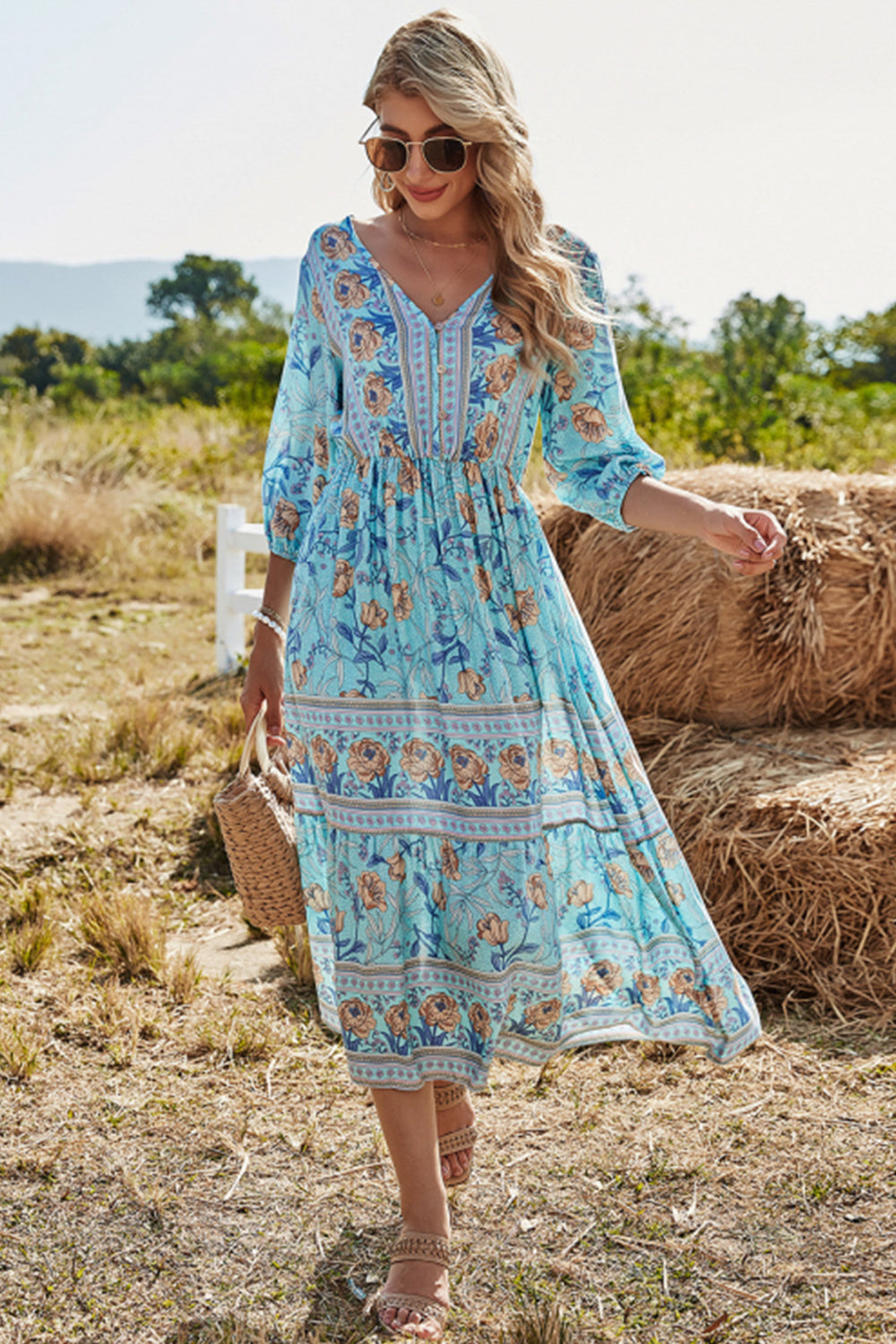 Valenzora | High-waisted V-neck Boho beach dress