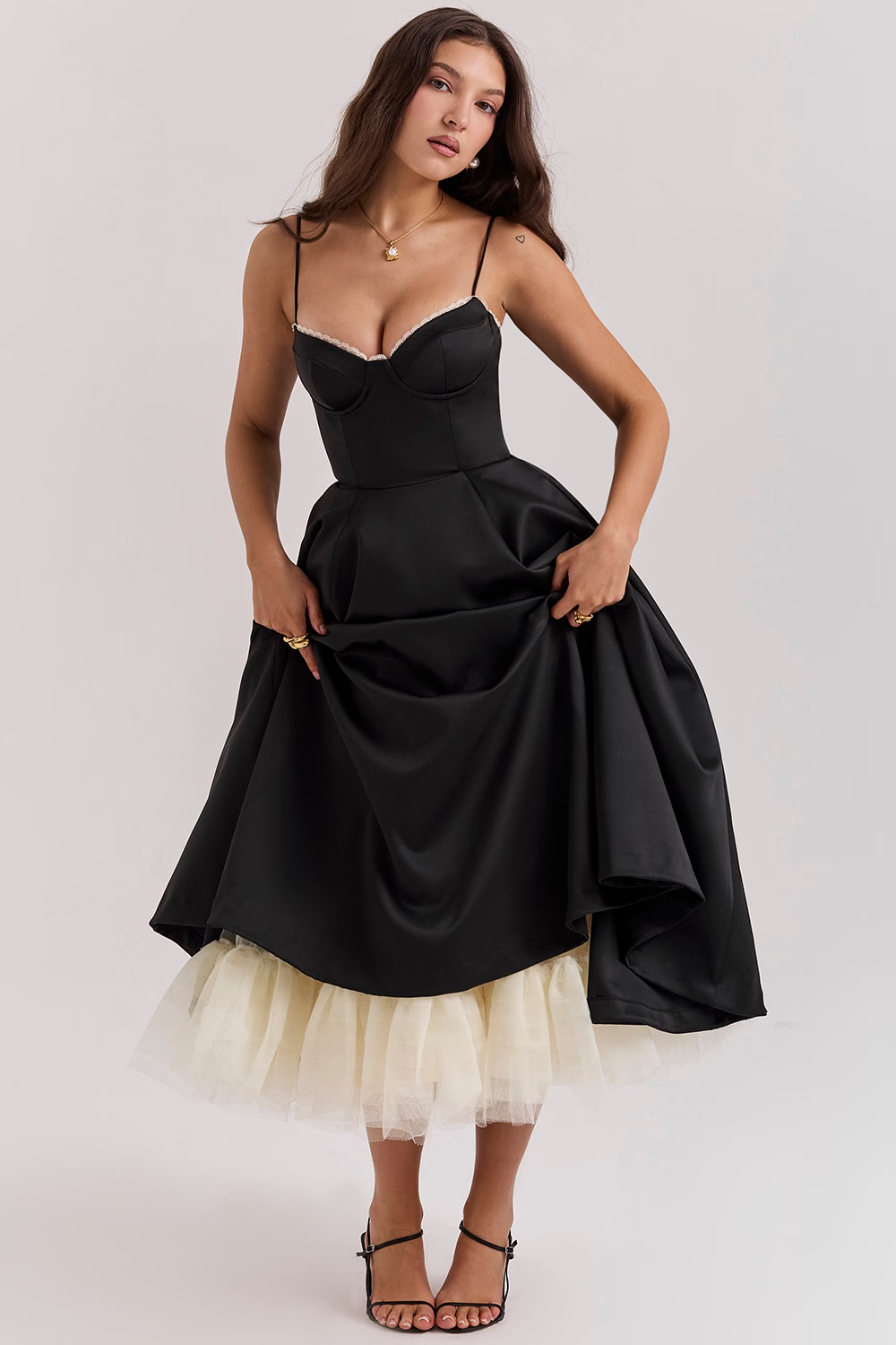 Valenzora | Luxurious flared dress with spaghetti straps for women, perfect for weddings, bridal wear, and parties, Kasana