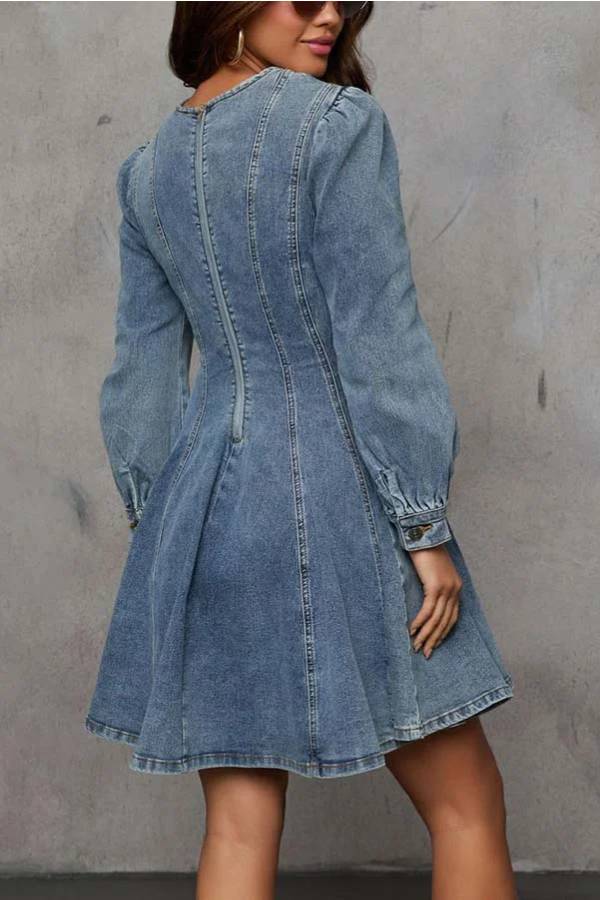Valenzora | Fade Into You Denim Princess Line Back Zipper Flare Stretch Mini Dress