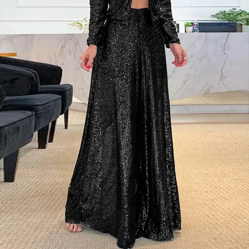 Valenzora | Stylish Winter Chic Sequin Wide Leg Trousers for Women