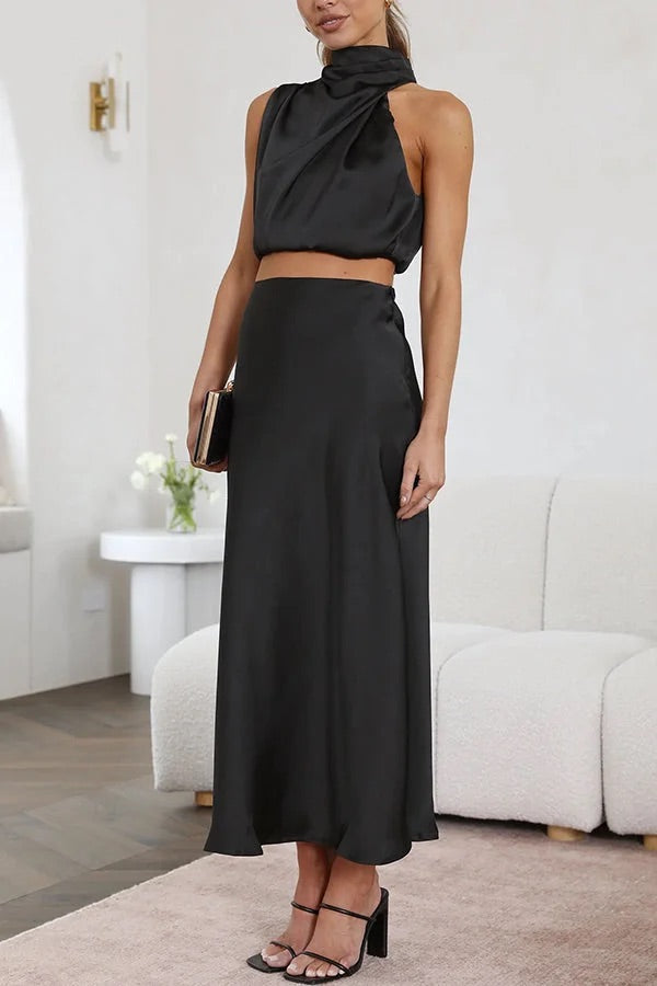 Valenzora | Such a mood High-necked satin draped maxi skirt set