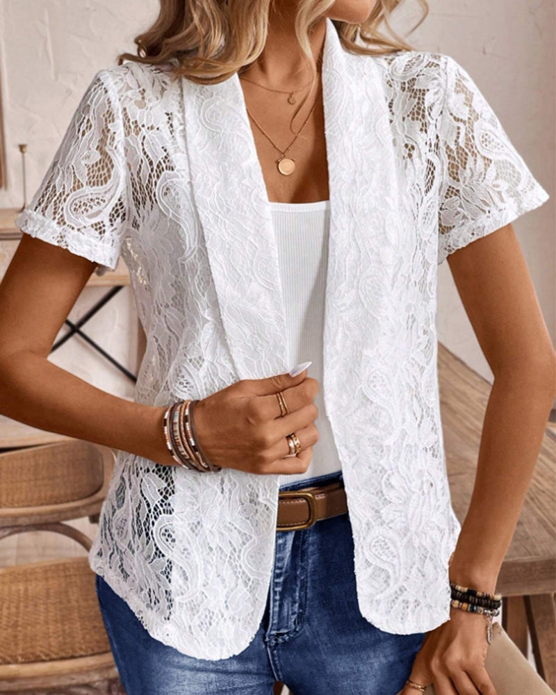 Valenzora | White short-sleeved lace blazer with lapels