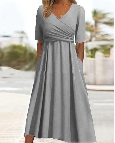 Valenzora | Blaues, schlichtes Midikleid mit V-Ausschnitt
