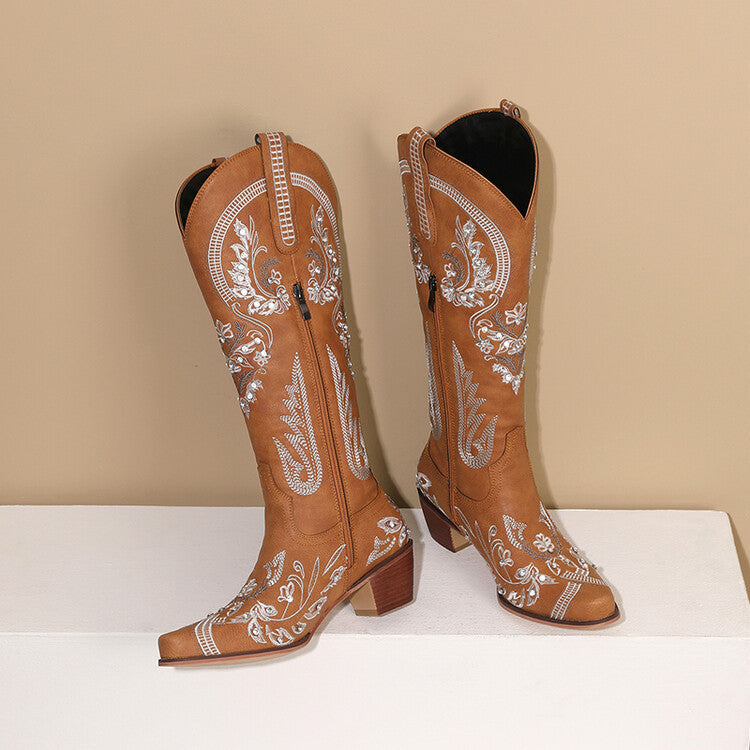 Valenzora | Embroidered Western Denim Retro Women's Knee-Length Boots