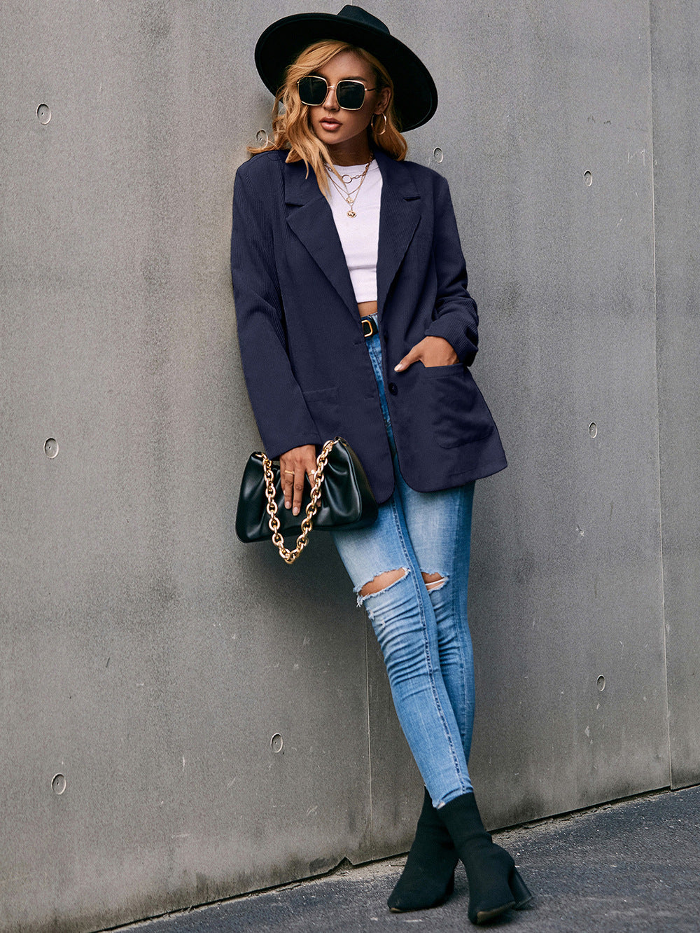 Valenzora | Cord-Longline-Blazer mit langen Ärmeln und Taschen
