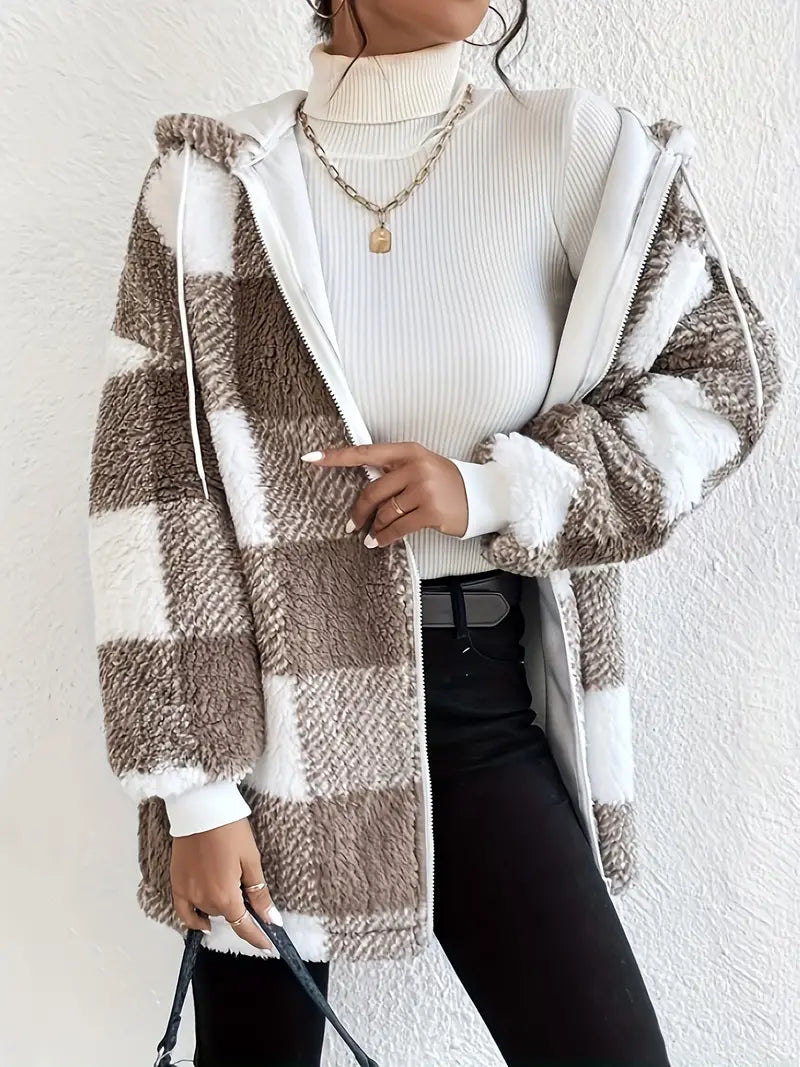 Valenzora | Checkered Teddy Hoodie Jacket | Warm and comfortable for winter