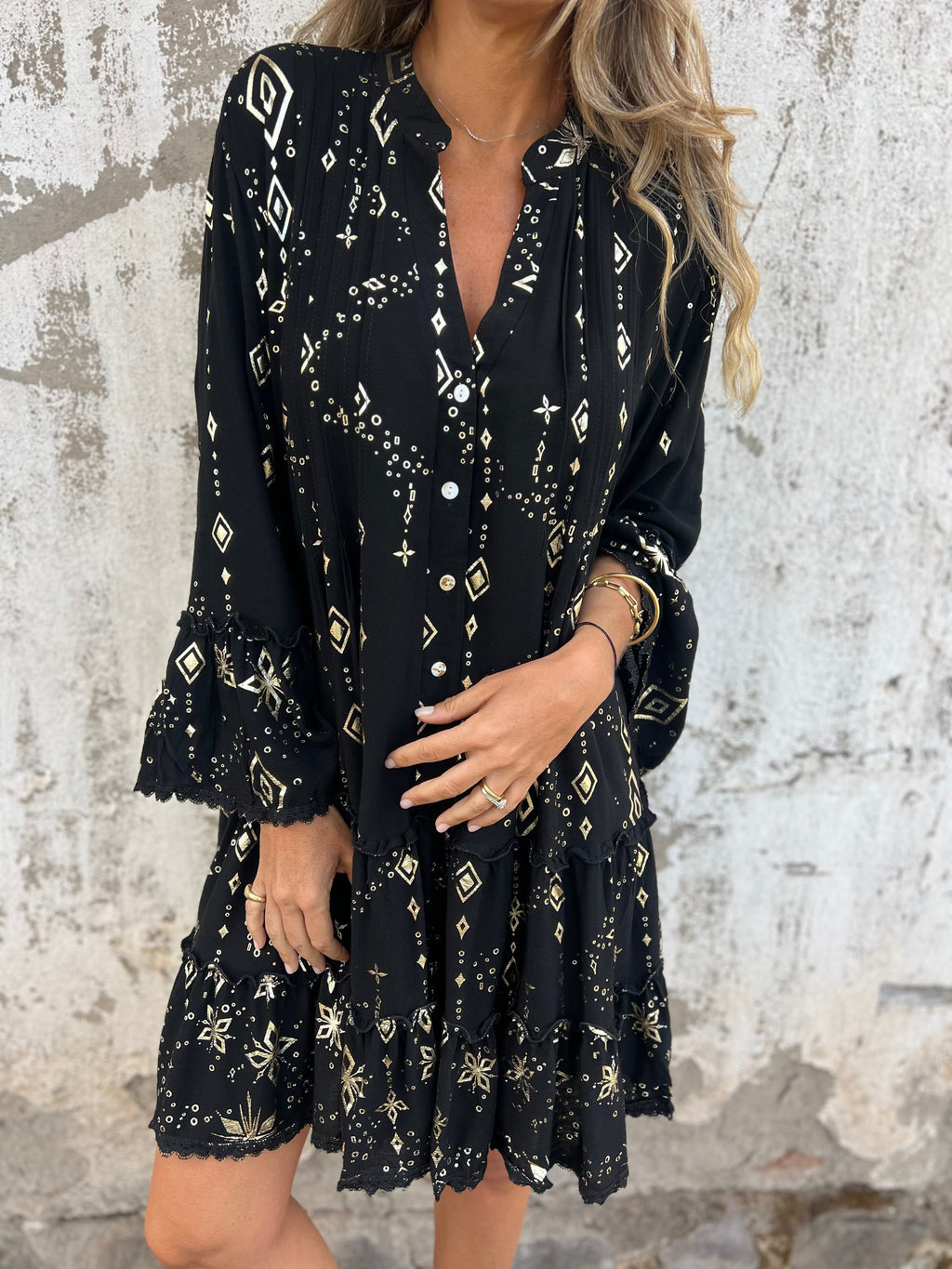 Valenzora | Boho Metallic Shirt Dress