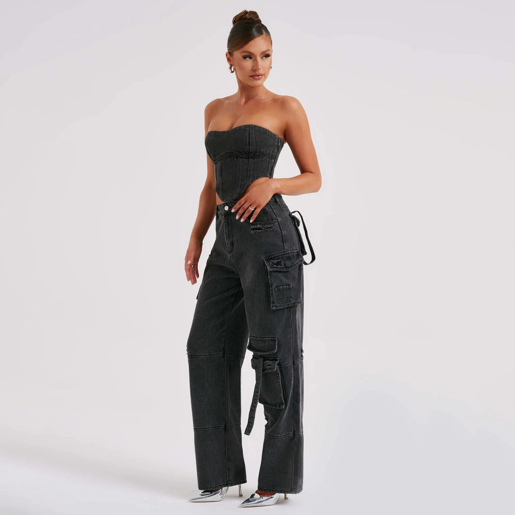 Valenzora | Denim Suits Summer Sexy Back Cutout Tube Top and Multiple Pockets Straight Trousers Fashion Long Trousers Suit Women's Clothing