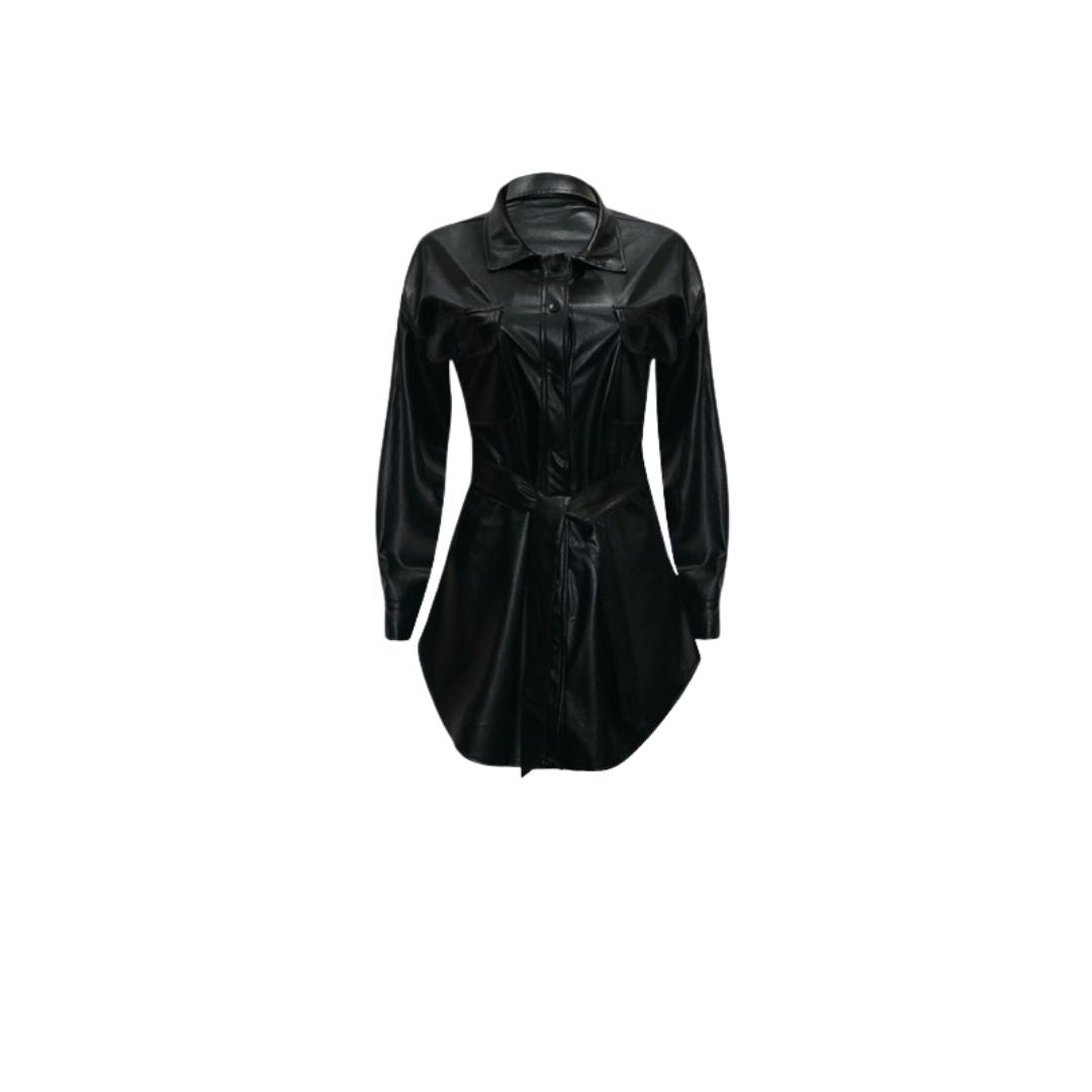 Valenzora | Faux leather shirt dress with belt