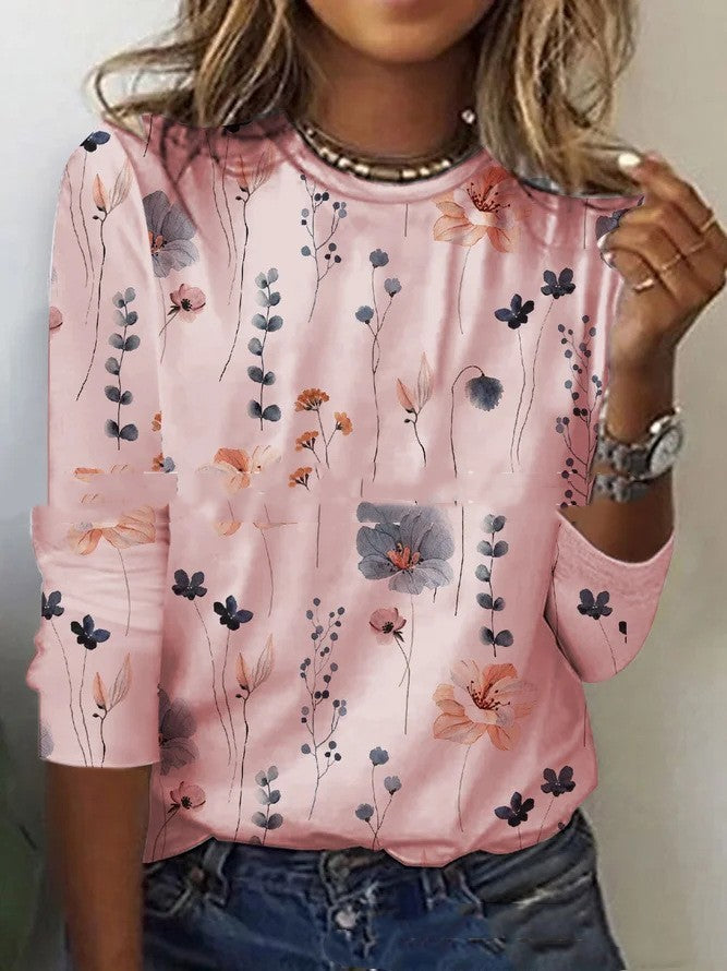 Valenzora | T-Shirt mit Blumenmuster und Rundhalsausschnitt für den Frühling