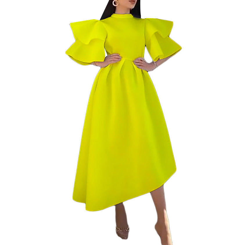 Valenzora dress with lotus leaf sleeves and a solid-color, wide cut