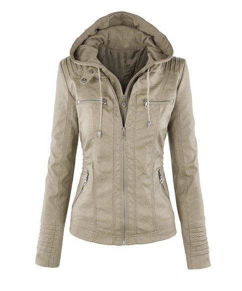 Valenzora | Casual stand-up collar detachable hood PU leather jacket