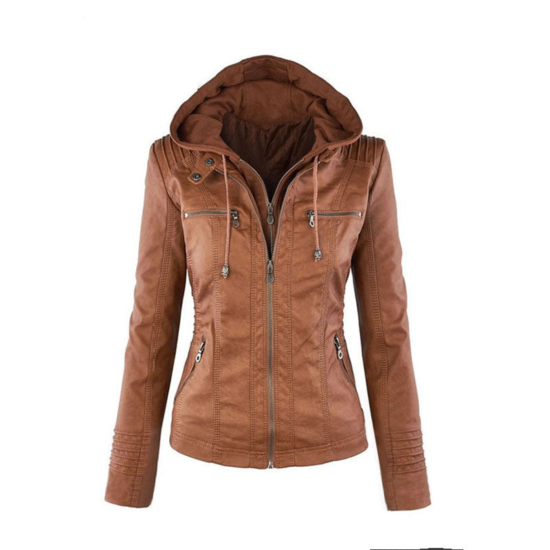 Valenzora | Casual stand-up collar detachable hood PU leather jacket