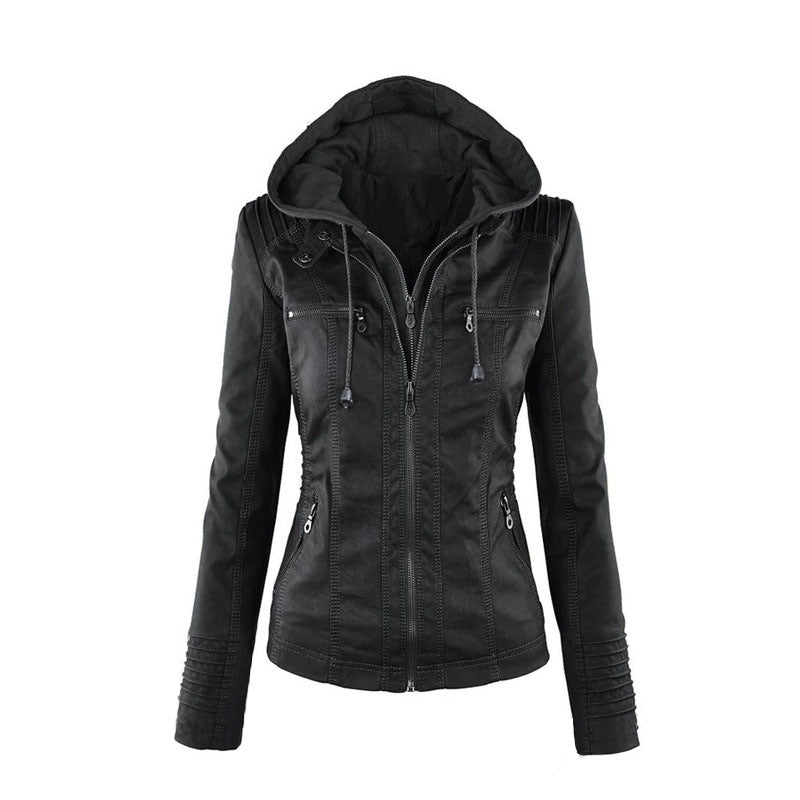 Valenzora | Casual stand-up collar detachable hood PU leather jacket