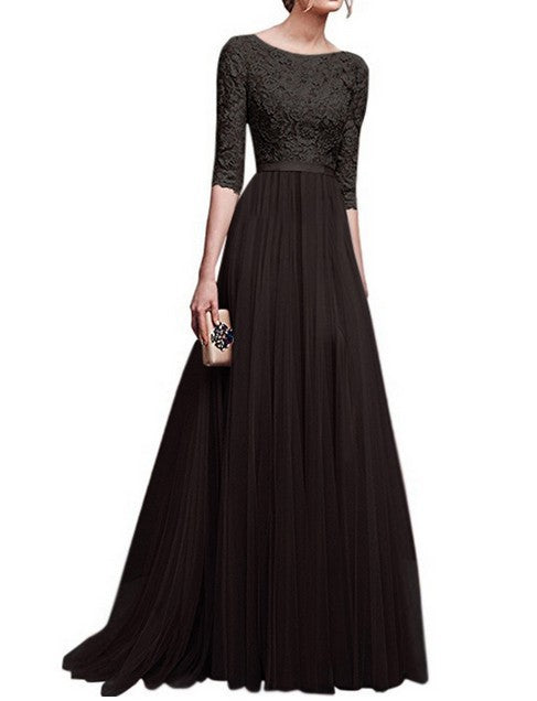 Women's evening dress with lace top and flowing skirt, size