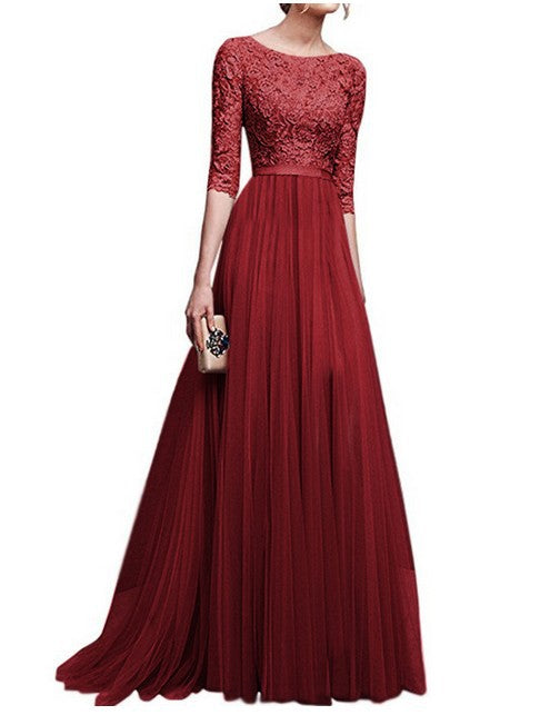 Women's evening dress with lace top and flowing skirt, size