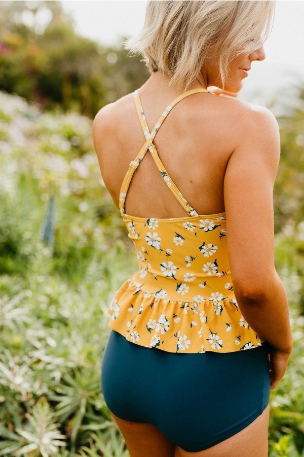 Valenzora | Peplum Tankini Swimming in Mustard Yellow with Daisies