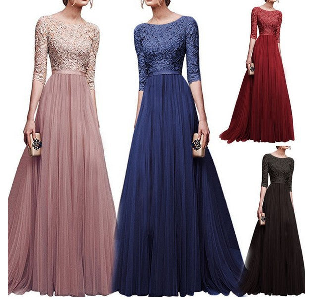 Women's evening dress with lace top and flowing skirt, size