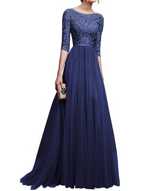 Women's evening dress with lace top and flowing skirt, size