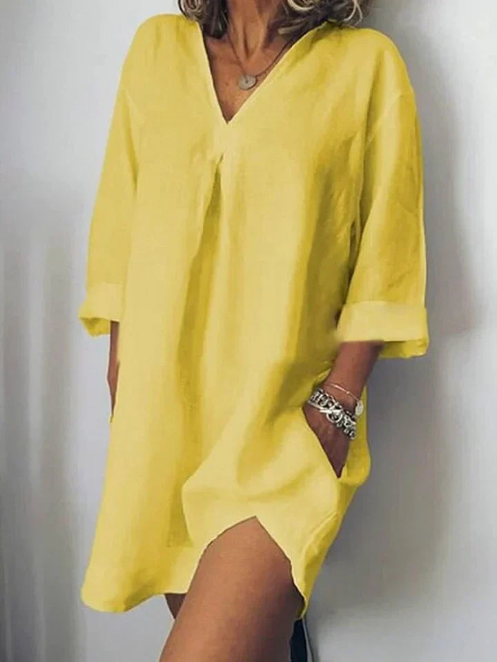 Valenzora | Linen dress V-neck & half sleeves
