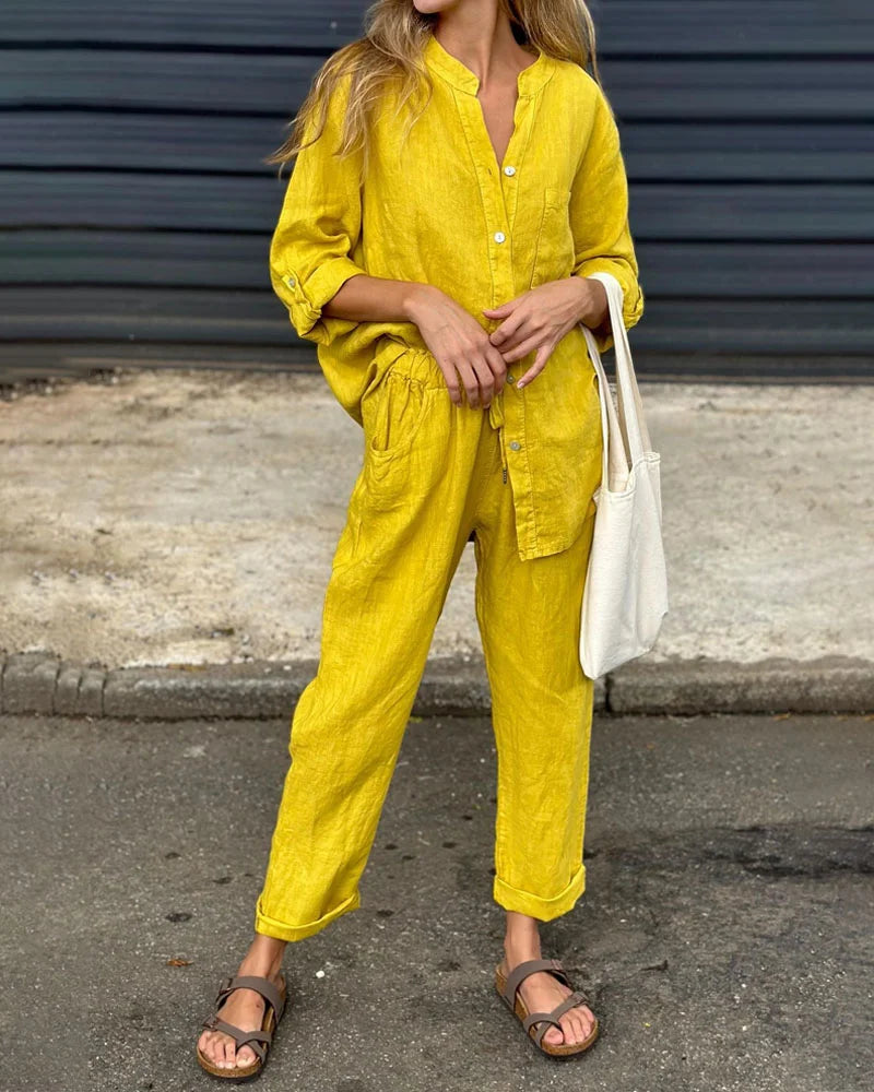 Valenzora | Casual V-neck shirt & trousers cotton-linen set