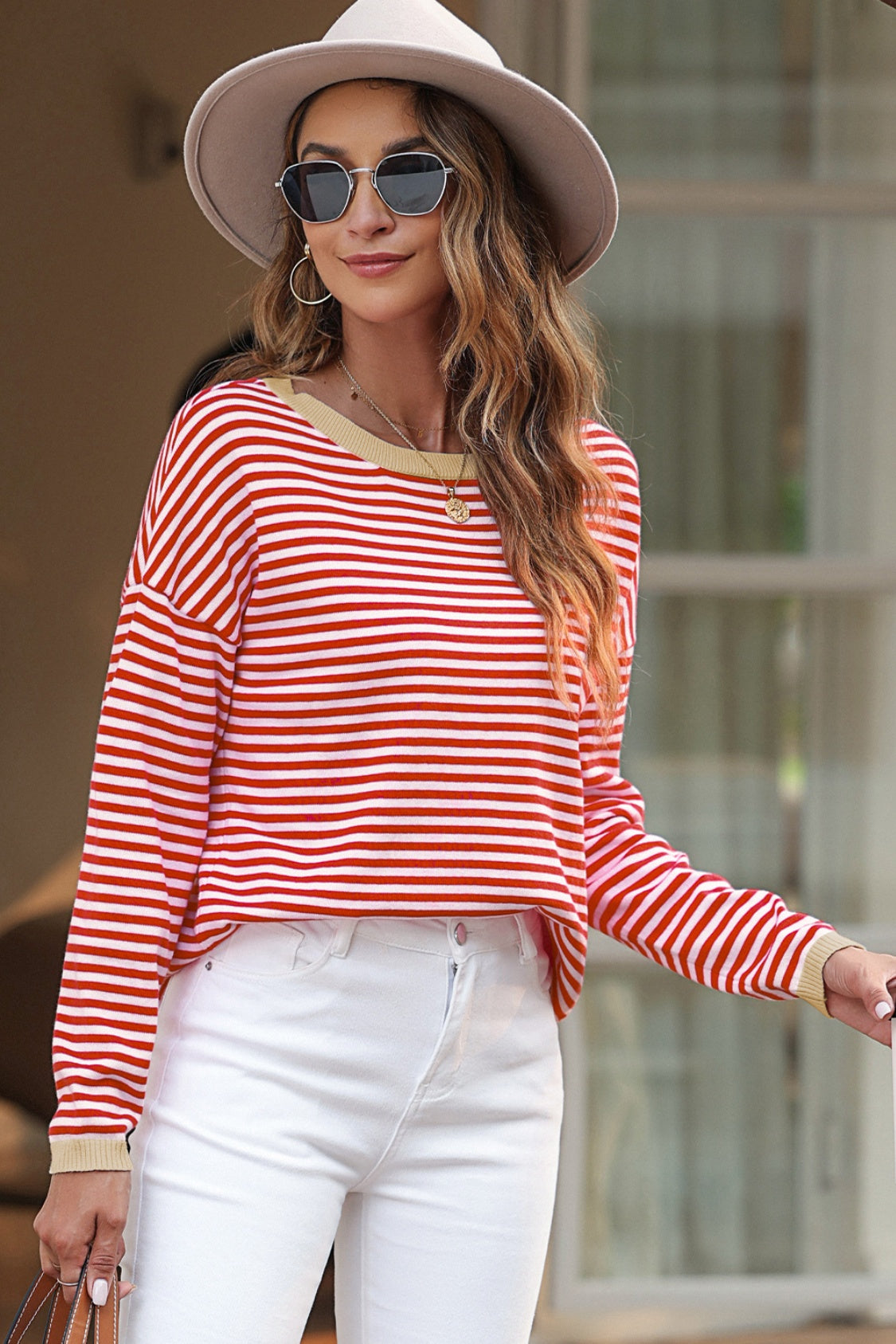 Valenzora | Striped crew neck drop-shoulder T-shirt