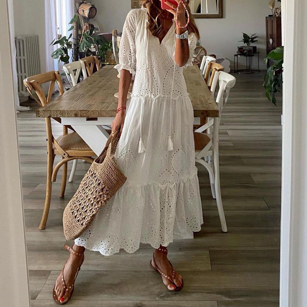 Valenzora | Romantisches weißes, kurzärmeliges Maxikleid