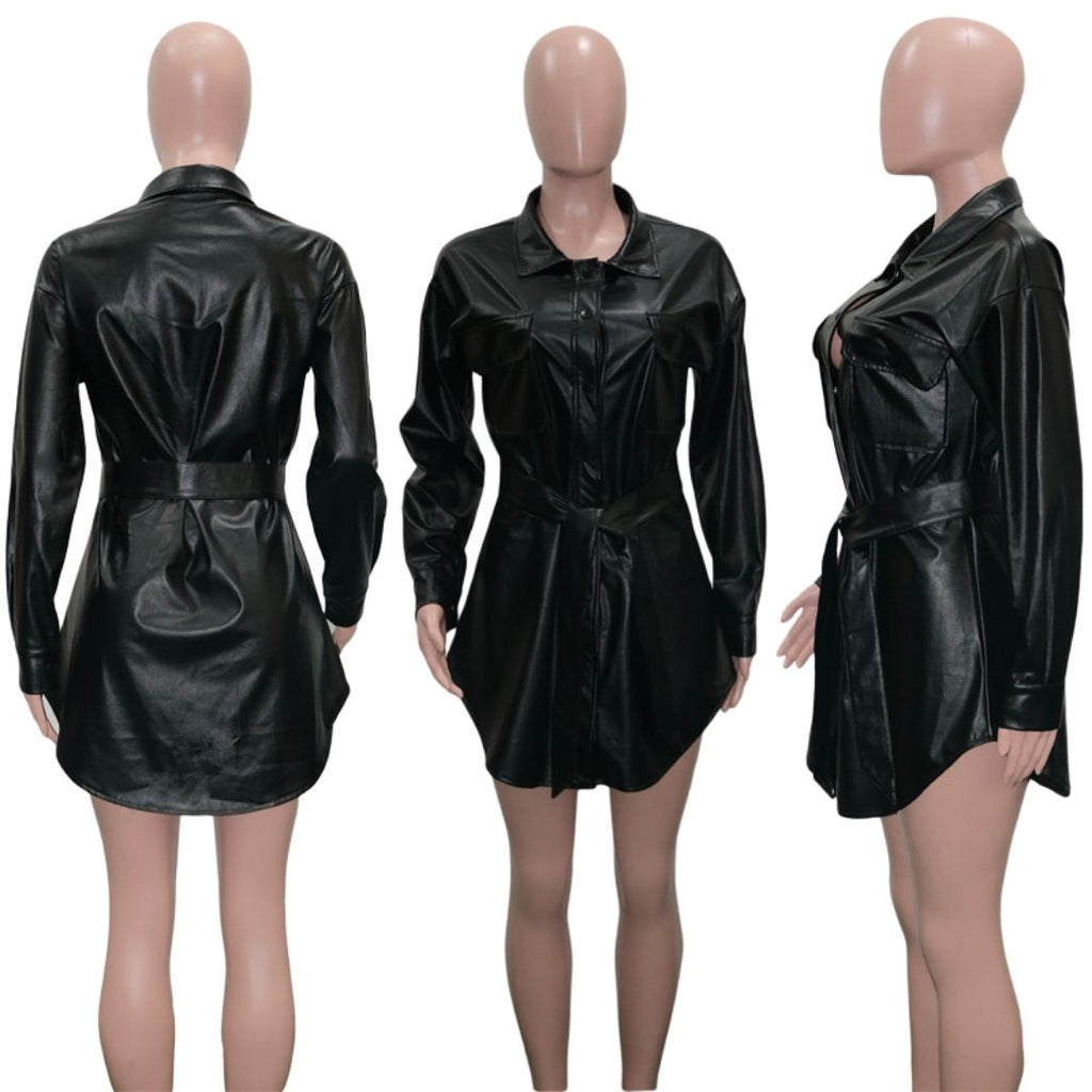 Valenzora | Faux leather shirt dress with belt
