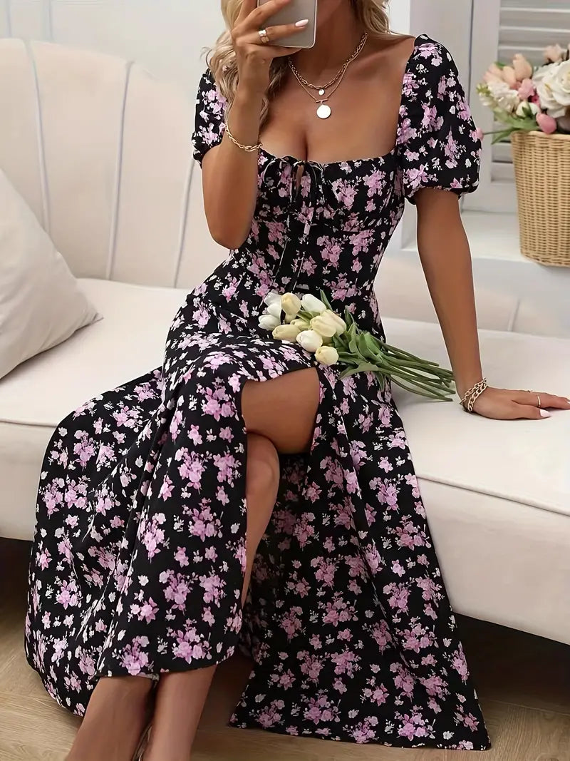 Valenzora | Chic dress with puff sleeves in an A-line style with floral print