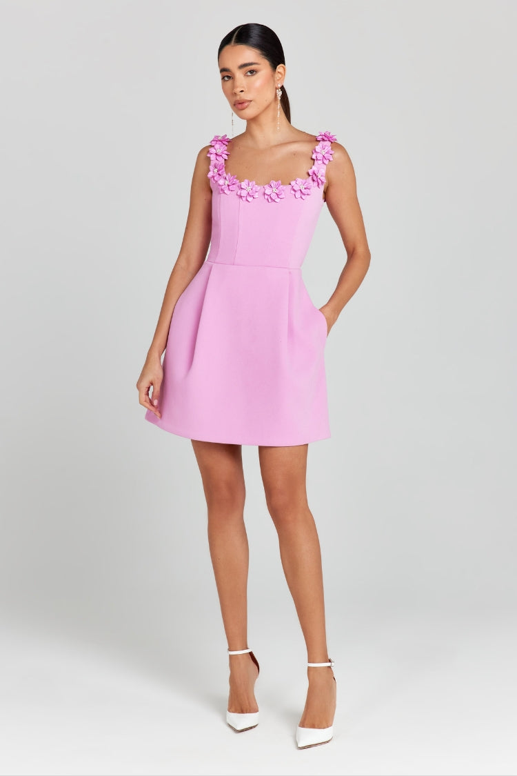 Valenzora | Cindy Faux Pearl Flower Applique Square Neckline Pockets Mini Dress