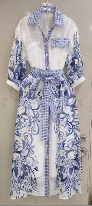 Long-sleeved linen shirt dress with button placket