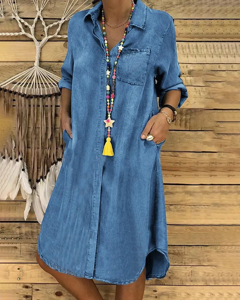 Valenzora | Jeans-Midikleid mit Krempelärmeln und Brusttasche.