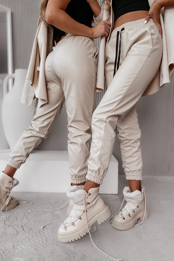 Valenzora | Drasilla Faux Leather Elastic Waistband Pockets Jogger