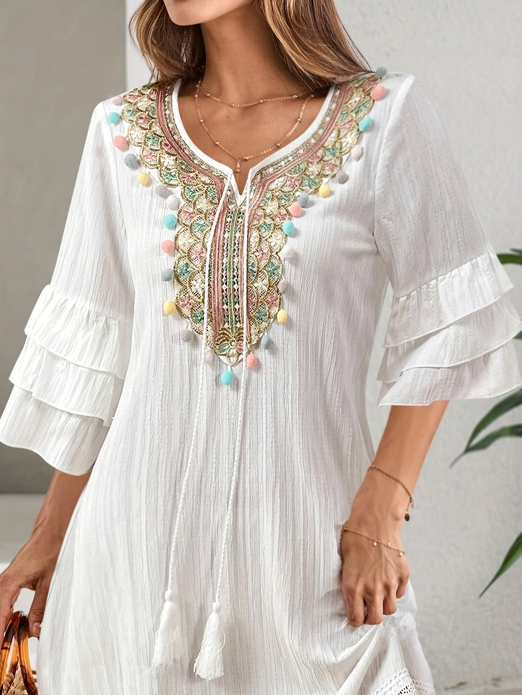 Valenzora | Women's dress with embroidery and pom-poms, 3/4 sleeves, white