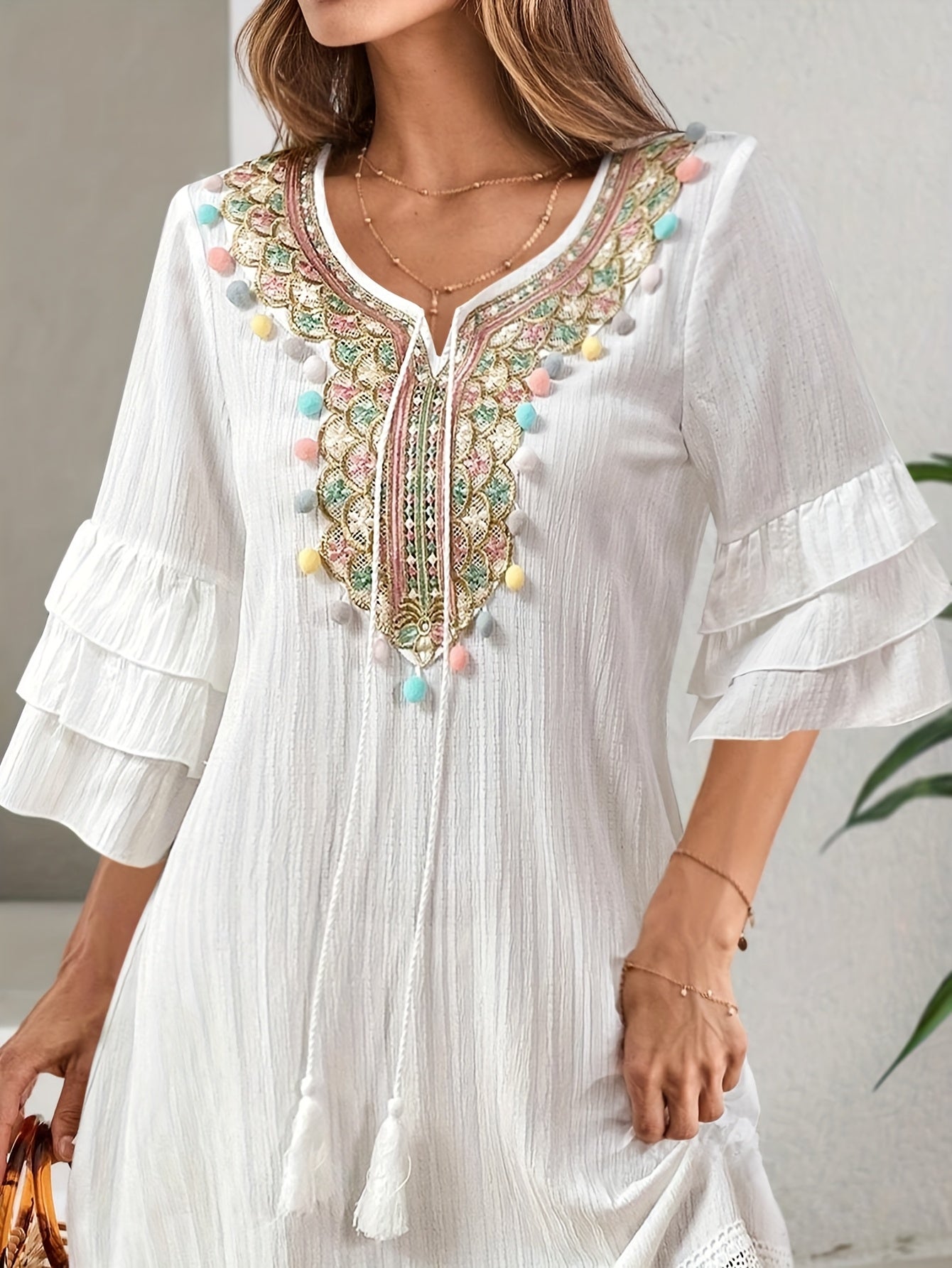 Valenzora | Women's dress with embroidery and pom-poms, 3/4 sleeves, white