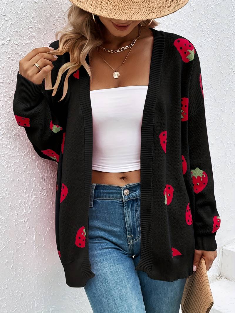 Langärmliger Cardigan mit Erdbeermuster für Herbst und Frühling