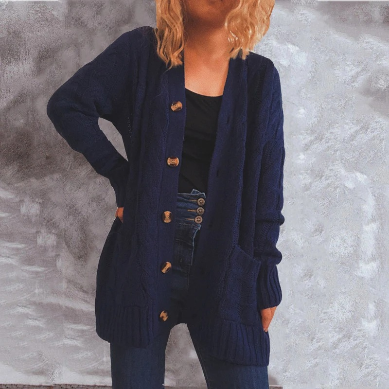 Valenzora | Damen-Wollstrickjacke mit Zopfmuster und Holzknöpfen, lockere Passform