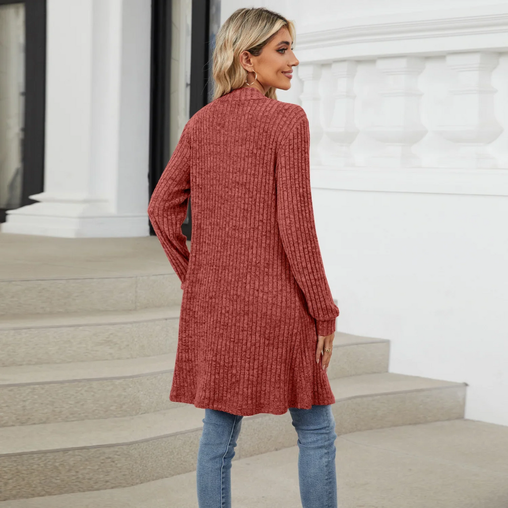 Valenzora | Langer gerippter Cardigan für Damen mit offener Vorderseite und Taschen