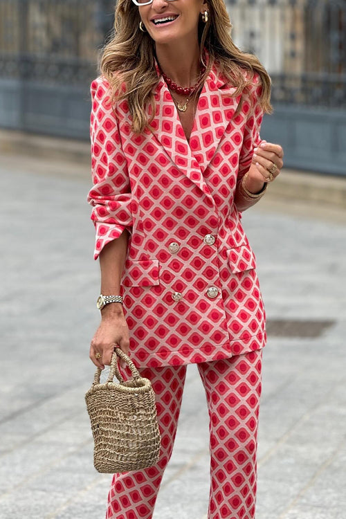 Valenzora | Rosiedress Blazer und Schlaghose mit geometrischem Muster, Revers und doppelreihiger Knopfleiste