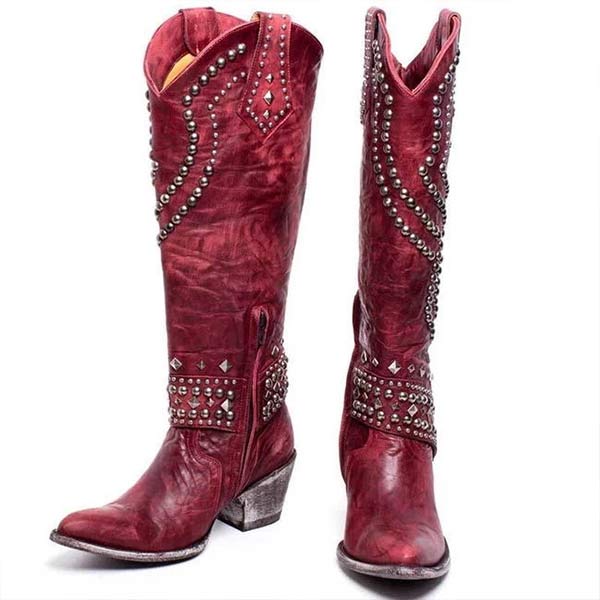 Valenzora - High Boots with Metal Studs and Chunky Heel