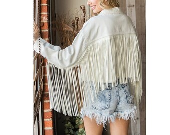 Suede jacket for women with tassel trim