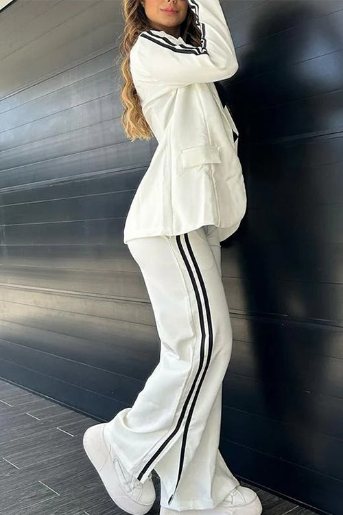 Valenzora | Rosiedress Color Block Open Front Blazer Elastic Waist Slit Wide Leg Trousers Set