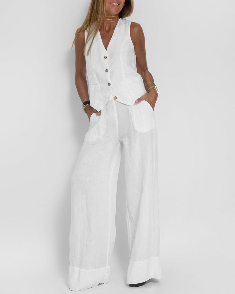 Valenzora | Elegant 2-piece linen set: wide-leg trousers & vest