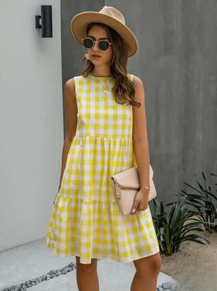 Valenzora | Mode, locker sitzendes Damenkleid mit Rundhalsausschnitt, karierter Pastell-Midi-Rock