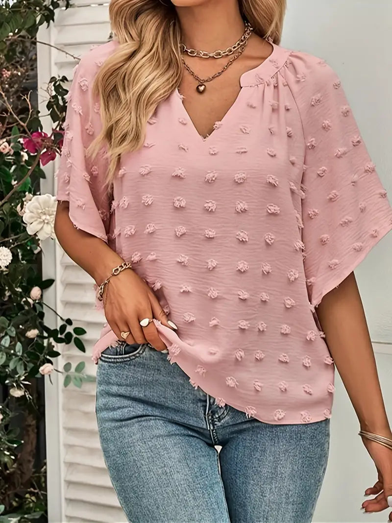 Valenzora | Elegant and stylish V-neck top with Swiss polka dots