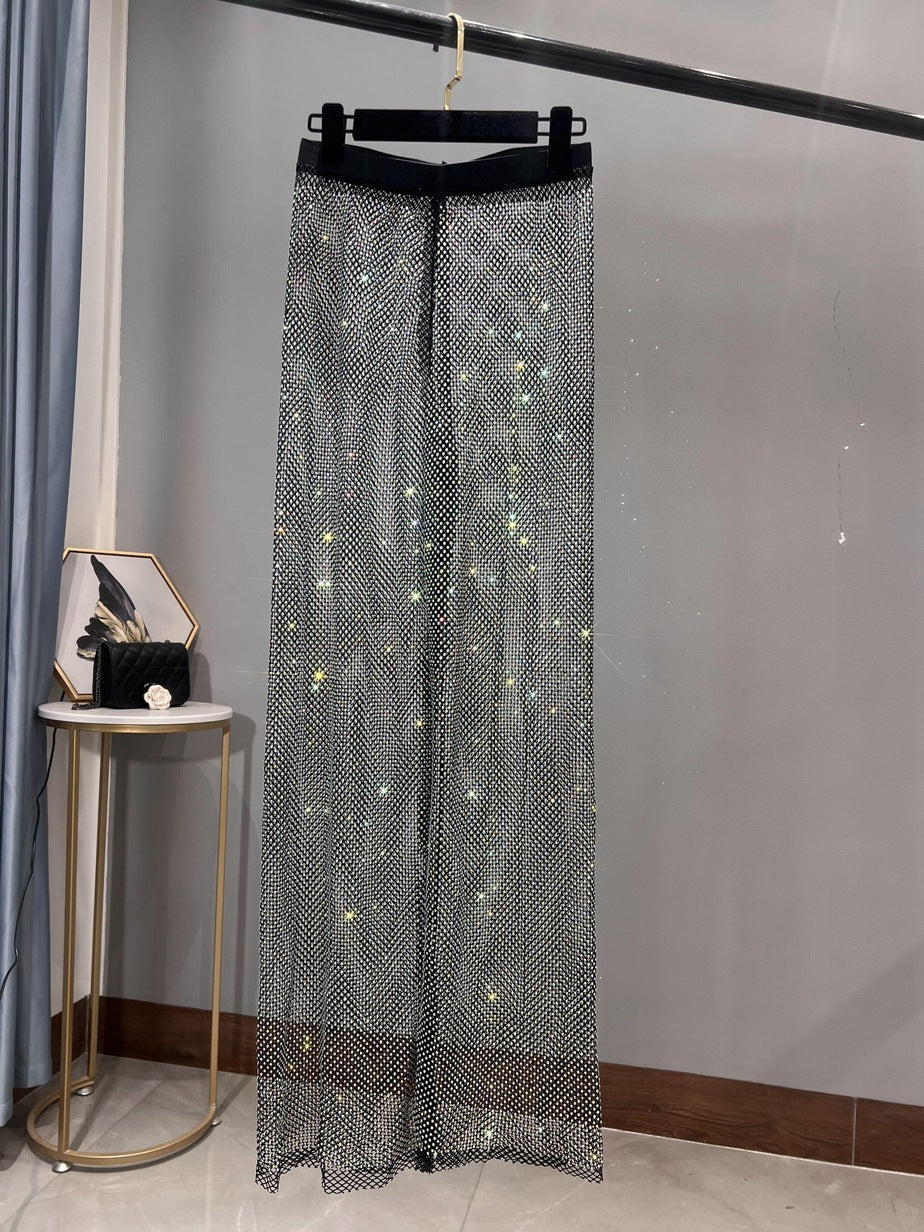 Valenzora | Rhinestone Straight Mesh Wide Leg Slim Fit Flattering Mop Pants