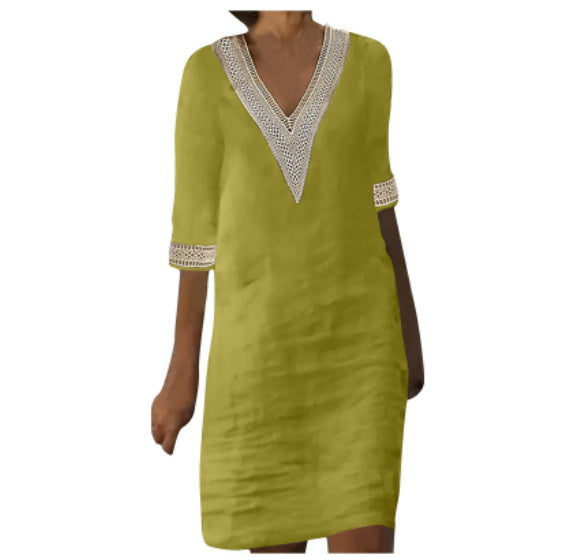 Valenzora | Simple cotton linen dress with V-neck and half sleeves