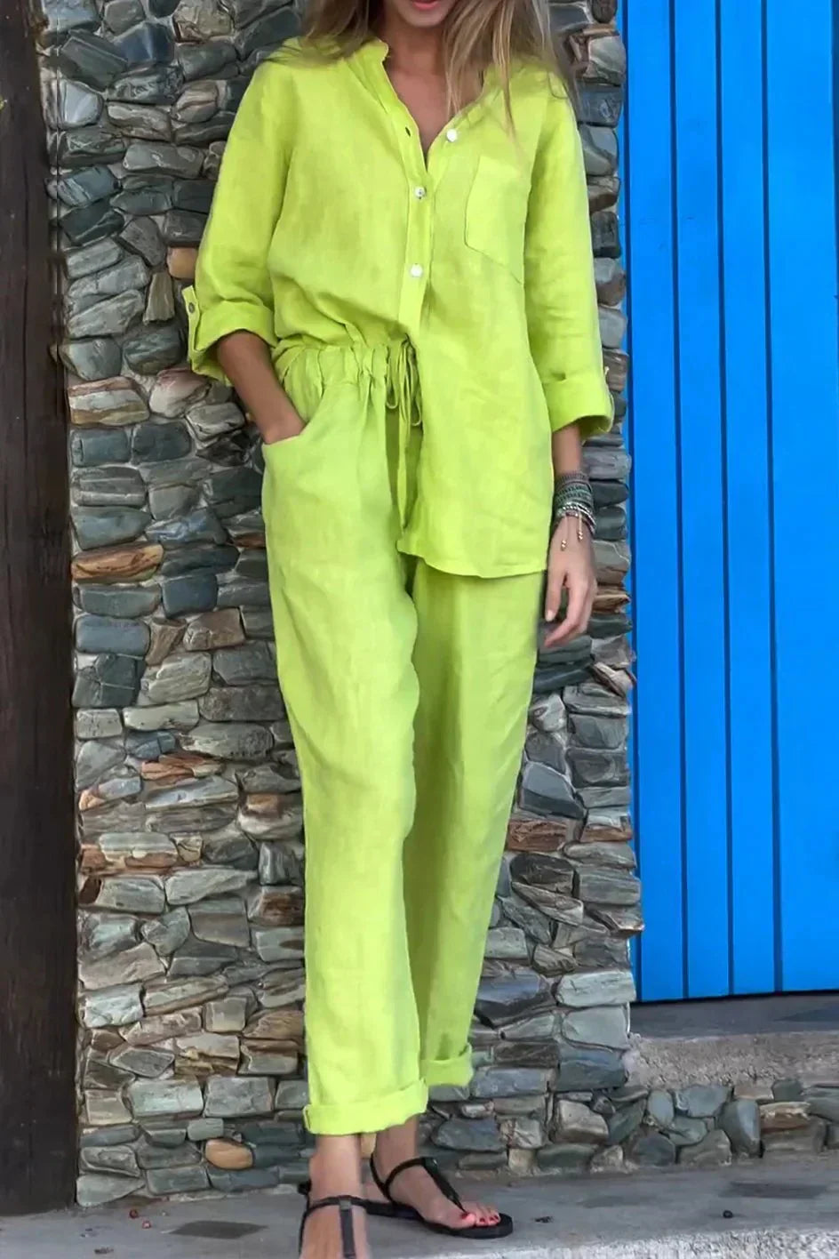 Valenzora | Casual V-neck shirt & trousers cotton-linen set