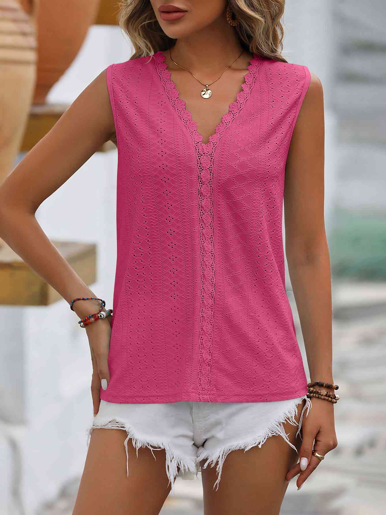 Valenzora | Split Lace V-Neck Sleeveless Shirt