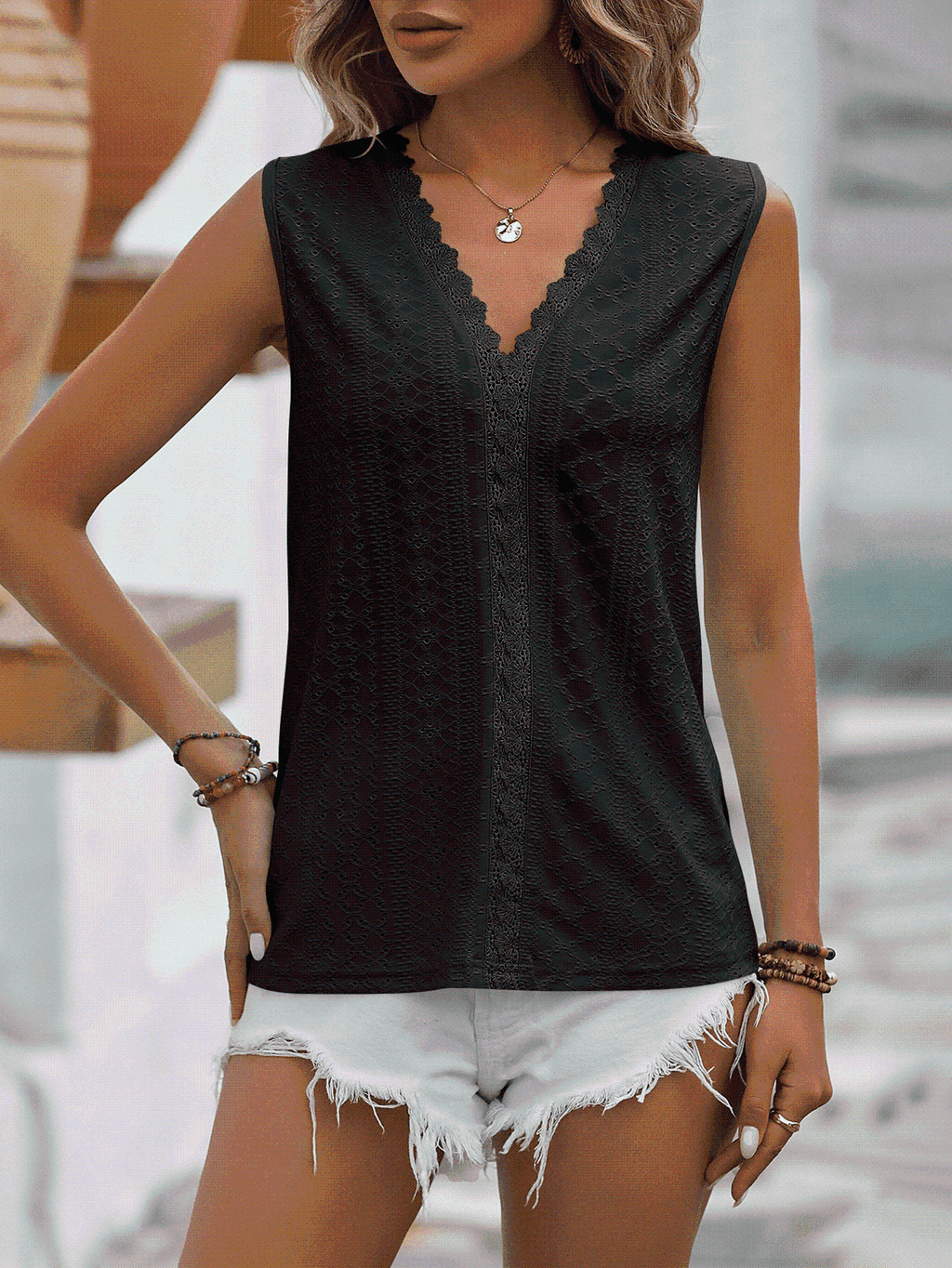 Valenzora | Split Lace V-Neck Sleeveless Shirt
